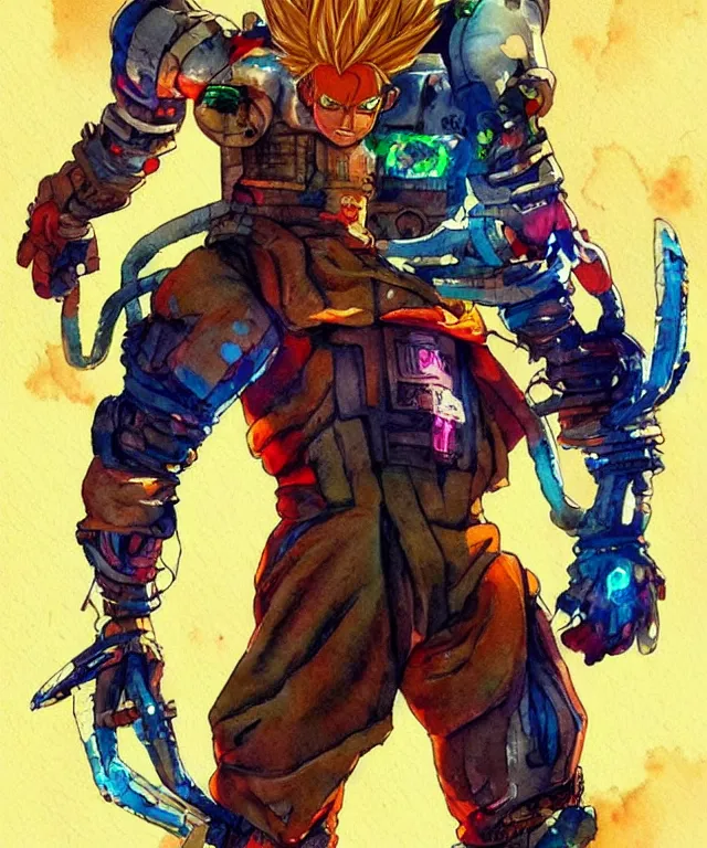 Image similar to a watercolor painting full body character portrait of a cyborg super saiyan martial artist in the style of moebius in the style of cyberpunk trending on artstation deviantart pinterest detailed realistic hd 8 k high resolution