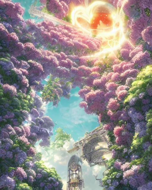 Image similar to portal to paradise, 8 k high definition, advanced technology, beams of energy, pathway, flowers, machines, perfect relationship, love, masterpiece, art by akihiko yoshida, antilous chao, woo kim