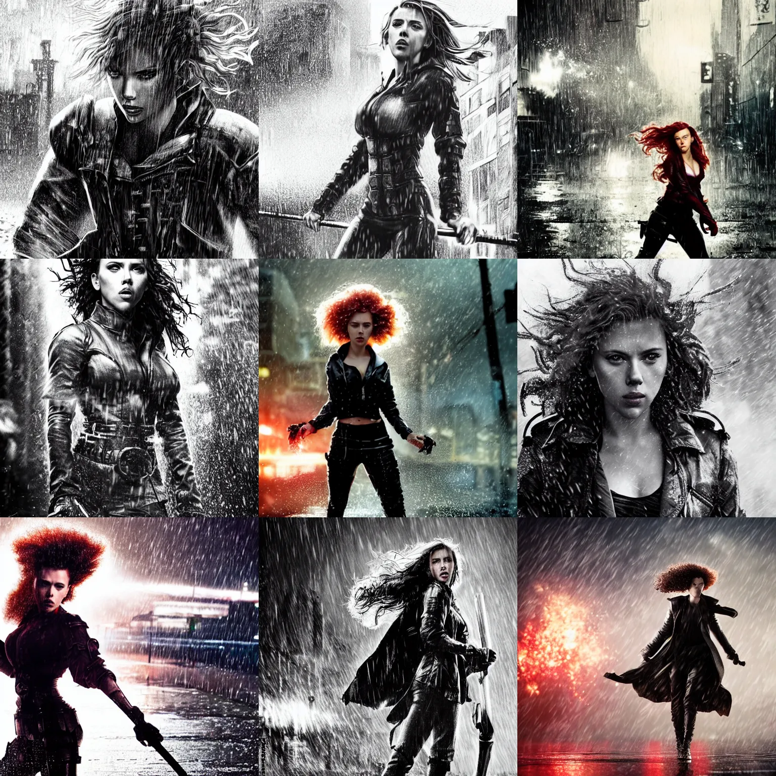 Prompt: scarlett johansson with angry expression wearing wet armour in pouring rain. hair blowing in the wind, depth of field effect, full body pose, dramatic lighting, afro samurai anime style, pencil and ink manga drawing, in a post apocalyptic city street with explosions in the background