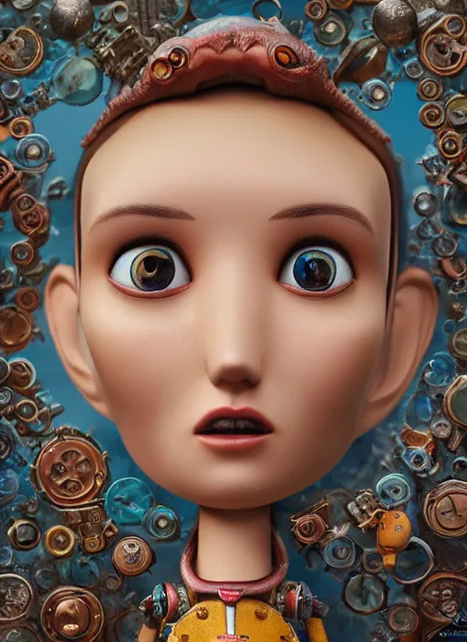 Image similar to closeup face profile portrait of tin toy planet earth, depth of field, zeiss lens, detailed, symmetrical, centered, fashion photoshoot, by nicoletta ceccoli, mark ryden, lostfish, breathtaking, 8 k resolution, extremely detailed, beautiful, establishing shot, artistic, hyperrealistic, octane render