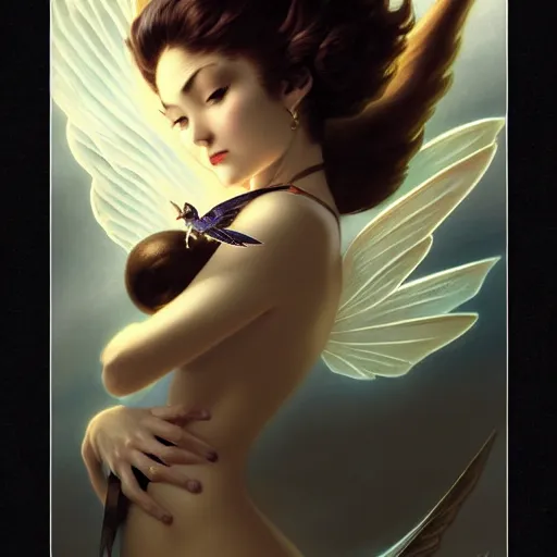 Image similar to 3 / 4 view of a woman with wings, pixie character, genshin impact, fantasy magic, dark light night, intricate, elegant, sharp focus, illustration, highly detailed, concept art, matte, anime, trending on artstation,, by greg rutkowski, gil elvgren, earl moran, enoch bolles, anime, maxim magazine h 6 4 0