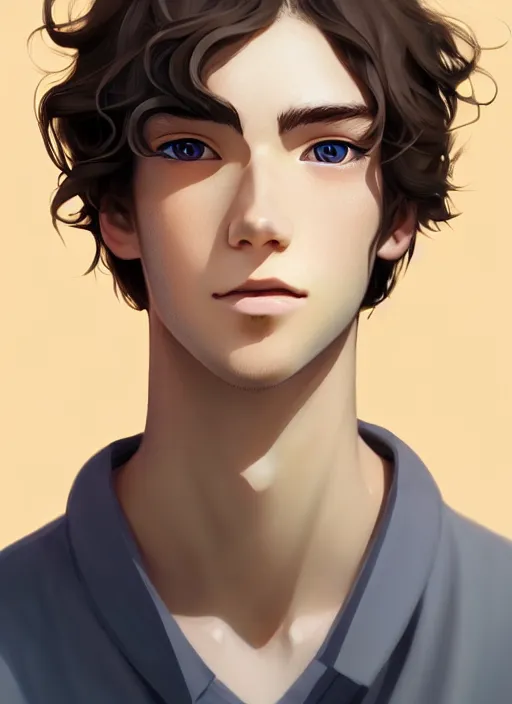 Prompt: young man with medium - length, curly, golden hair, perfectly proportioned face, aquamarine eyes, thin eyebrows, sweet smile, natural lighting, path traced, highly detailed, high quality, cartoon, digital painting, by new haicheng and studio ghibli