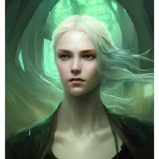 Image similar to portrait of a beautiful young woman with glowing blue eyes, flowing white hair, dressed in a green, detailed face, fantasy, highly detailed, cinematic lighting, digital art painting by greg rutkowski and artgem, trending on artstation, very very beautiful, very attractive