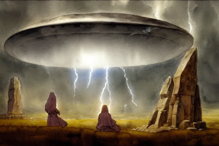 Prompt: a hyperrealist watercolor concept art of a giant ufo in the sky above gobekli tepe during a thunderstorm. a medieval child in grey robes is in the foreground. very muted colors, by rebecca guay, michael kaluta, charles vess. high detail, hq, wide shot, 4 k