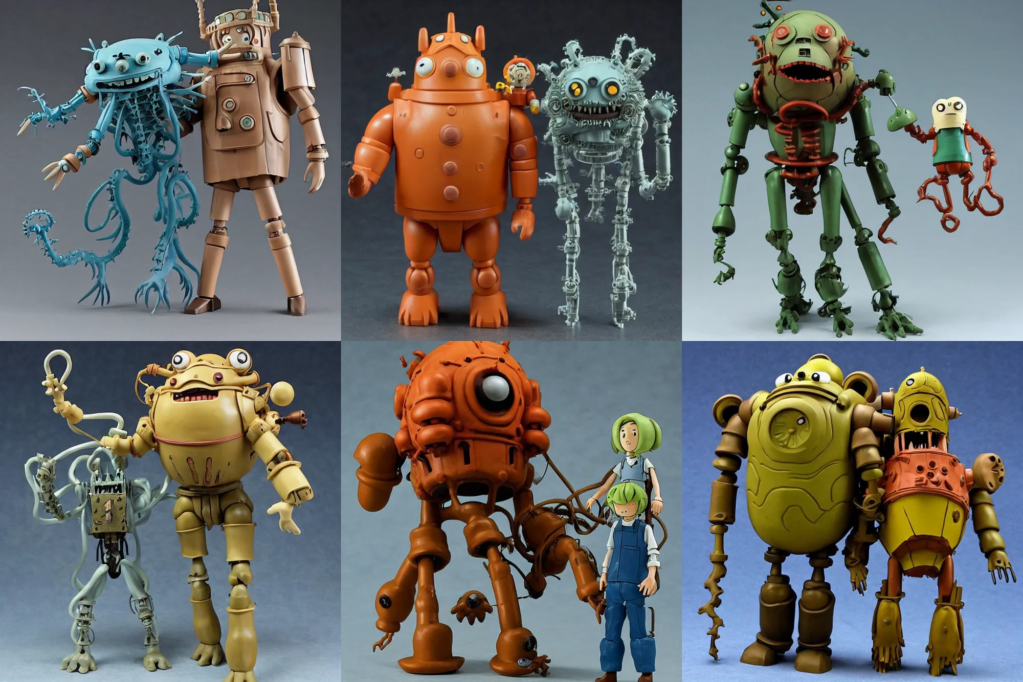 Prompt: A Lovecraftian scary giant mechanized Jake and Finn from Studio Ghibli Howl's Moving Castle (2004) as a 1980's Kenner style action figure, 5 points of articulation, full body, 4k, highly detailed. award winning sci-fi. look at all that detail!