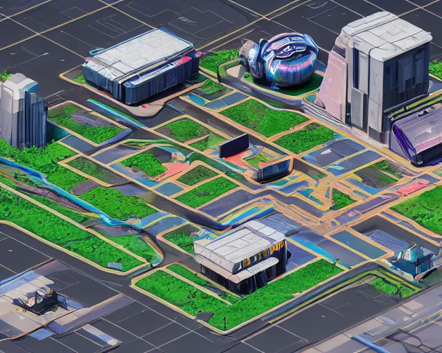 Image similar to fictional 3 d land plot, moe art style, isometric, inspired by cyberpunk 2 0 7 7, highly detailed map, realistic proportions, realistic lighting, hyperrealistic, octane render, unreal engine 5