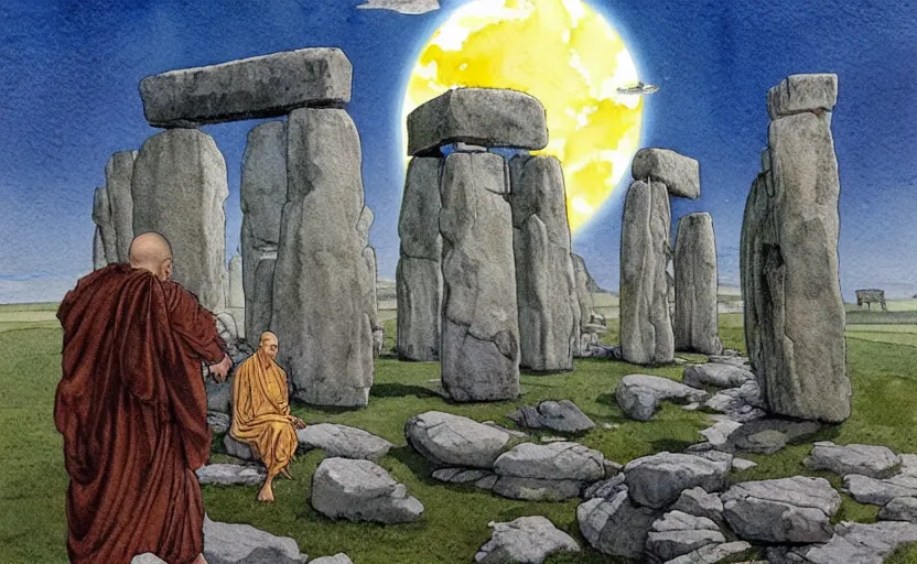 Image similar to a hyperrealist watercolor fantasy concept art of giant monk with a long forehead in grey robes sitting in stonehenge. in the background a ufo is in the sky. by rebecca guay, michael kaluta, charles vess