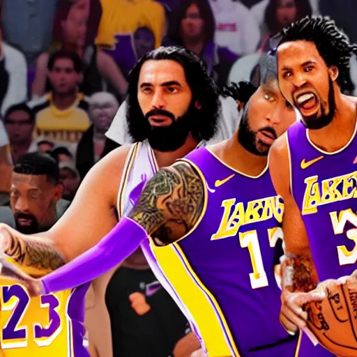 Prompt: Logo of Jesus playing with the LA Lakers
