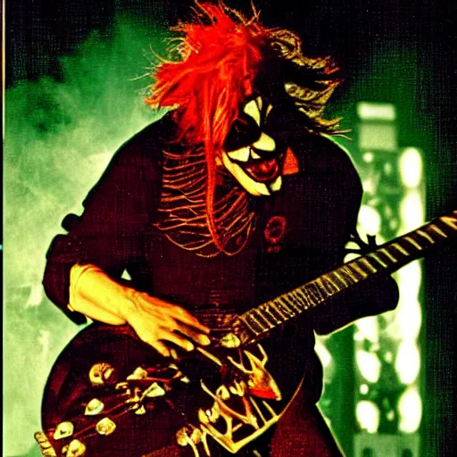 Prompt: Psychotic clown playing 7-string-guitar, concert, concert lighting, Slipknot, 2002, MTV, VHS quality