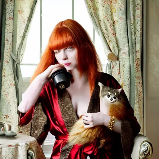 Image similar to a stunning hyper-detailed photo of a slender beautiful woman with straight long ginger hair and bangs, wearing a luxurious silk robe, wearing headphones and posing with her large ginger tabby cat and raccoon and parrots in a red overstuffed easy chair in her Victorian living room, holding a porcelain parrot-shaped coffee mug and a donut, perfect eyes, fashion photography, dramatic cinematic lighting, octane render, IBEX Masters, unreal engine, 85 mm lens, paisley wallpaper