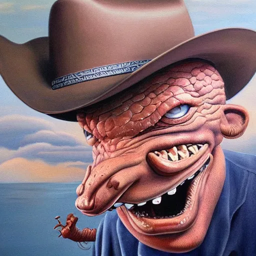 Image similar to beautiful lifelike painting of godzilla wearing a cowboy hat, hyperreal detailed facial features and uv lighting, art by ed roth and basil wolverton