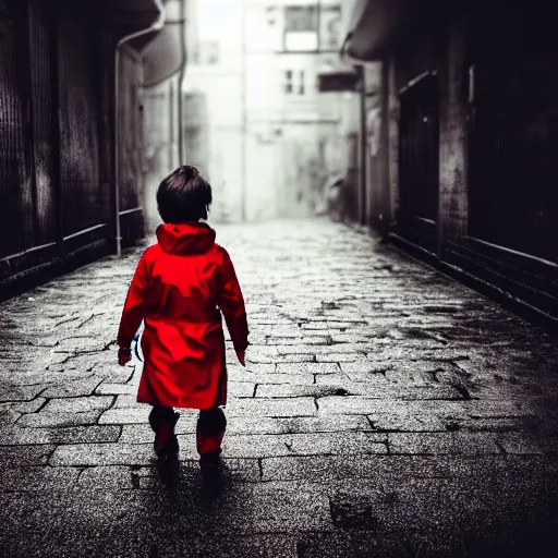 Image similar to A small child wearing red shoes and a rain coat obscuring his face walking alone in a dark alley, scary atmosphere,gloomy lighting, digital art , highly detailed , high contrast, beautiful lighting, award winning , trending on art station, 8k, photo realistic