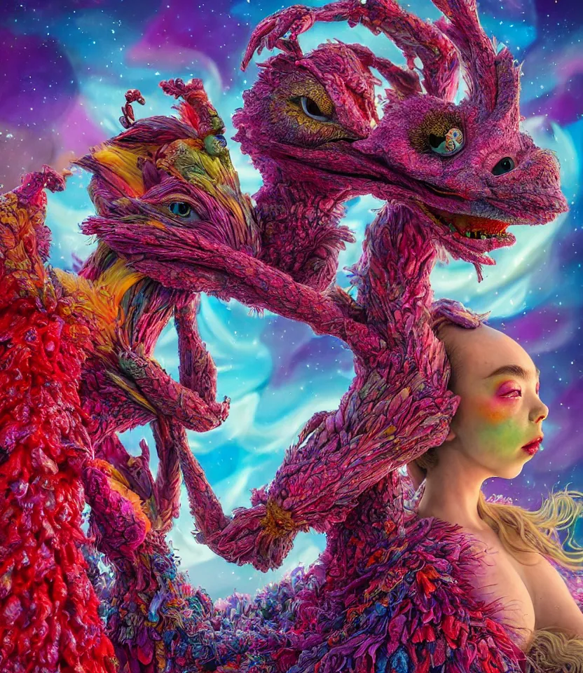 Prompt: hyper detailed 3d render like a Oil painting - kawaii portrait of lovers embrace Aurora (a beautiful girl skeksis muppet fae princess protective playful expressive acrobatic from dark crystal that looks like Anya Taylor-Joy) seen red carpet photoshoot in UVIVF posing in scaly dress to Eat of the Strangling network of yellowcake aerochrome and milky Fruit and His delicate Hands hold of gossamer polyp blossoms bring iridescent fungal flowers whose spores black the foolish stars by Jacek Yerka, Ilya Kuvshinov, Mariusz Lewandowski, Houdini algorithmic generative render, golen ratio, Abstract brush strokes, Masterpiece, Edward Hopper and James Gilleard, Zdzislaw Beksinski, Mark Ryden, Wolfgang Lettl, hints of Yayoi Kasuma and Dr. Seuss, Grant Wood, octane render, 8k