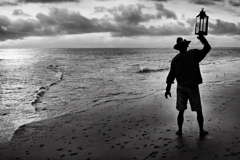 Image similar to closeup old man holding up a lantern on the beach in a pirate ship bay meet to a old wood shack by emmanuel lubezki