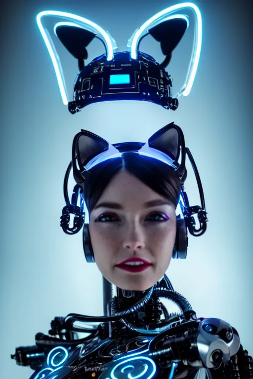 Image similar to cybernetic ultra high tech female robot with cat ears, sci - fi, cyberpunk, high tech, futurism, exoskeleton, symmetry, cinematic, elegant, luxury, perfect light, perfect composition, dlsr photography, sharp focus, 8 k, ultra hd, sense of awe, highly detailed, realistic, intricate, science journal cover