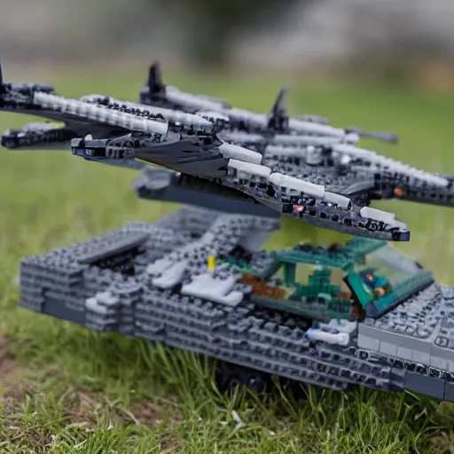 Image similar to a military drone made of legos, realistic photography, high detailed