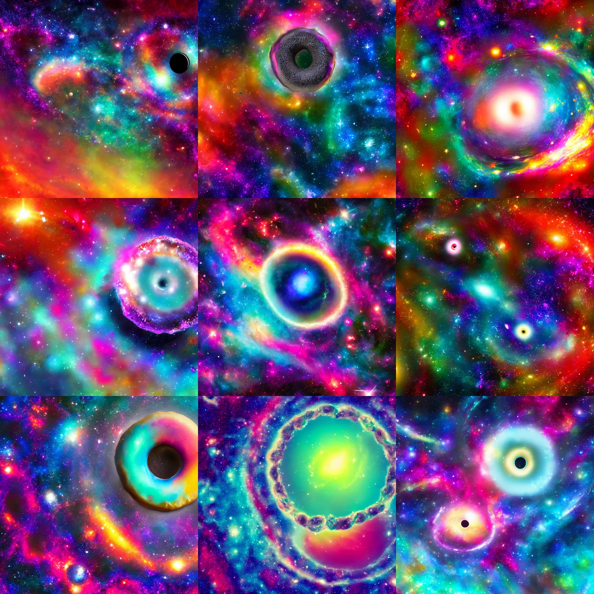 Prompt: donut galaxy, sweet, beautiful colors, vibrant, space, planets, black hole, illustration, trending on deviantart, 4 k