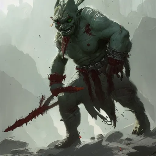 Image similar to an orc, an elf, a troll and a warrior fighting eachother, greg rutkowski