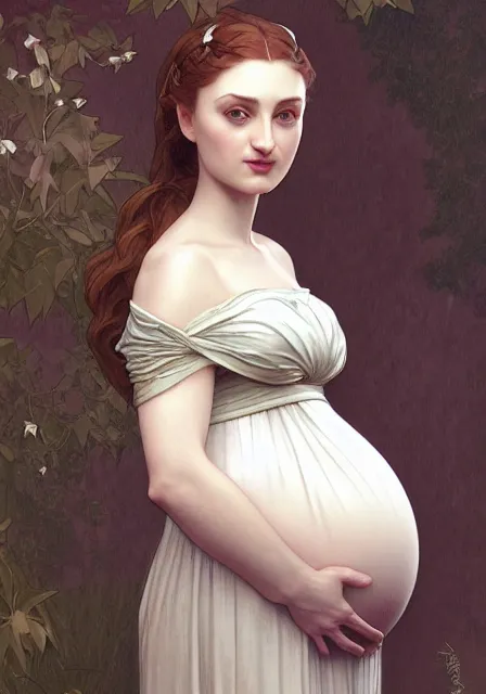 Image similar to pregnant sansa, intricate, elegant, highly detailed, digital painting, artstation, concept art, smooth, sharp focus, illustration, art by artgerm and greg rutkowski and alphonse mucha and william - adolphe bouguereau