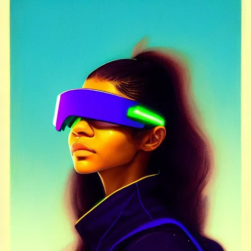 Image similar to zendaya wearing opaque reflective goggles profile picture by Greg Rutkowski, brown skin, very long hair, dune, asymmetrical, futuristic, neon volumetric lights, cool colors, streetwear, studio ghibli, Organic Painting , Matte Painting, geometric shapes, hard edges, street art, trending on the artstation, fantasy LUT, realistic by Sachin Teng + Martin Grip + Moebius, techwear, Industrial Scifi, detailed illustration, character portrait, dramatic, graphic,