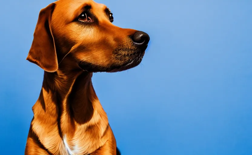 Prompt: portrait of a dog on blue background, rim light, beautiful lighting, 8 k