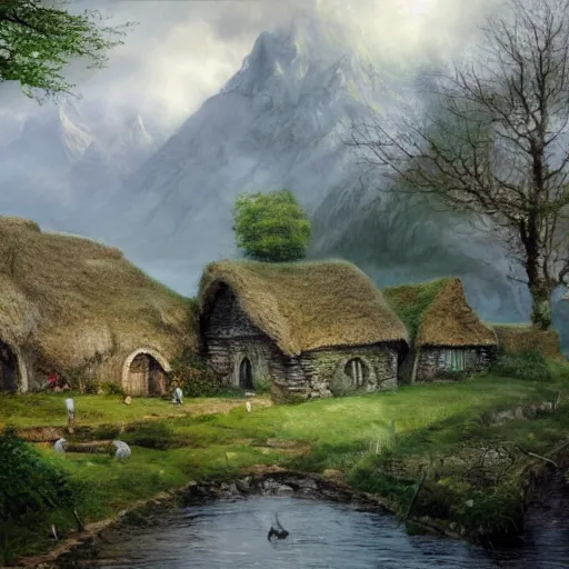 Prompt: a small serene fantasy village on the edge of the woods, by alan lee, lord of the rings, smooth, detailed terrain, oil painting, matte painting, concept art, trending on artstation