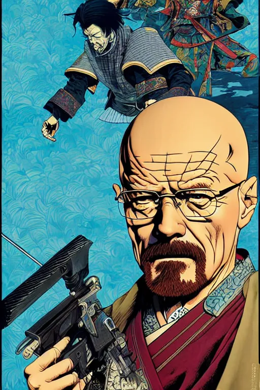Image similar to poster of walter white as a samurai, by yoichi hatakenaka, masamune shirow, josan gonzales and dan mumford, ayami kojima, takato yamamoto, barclay shaw, karol bak, yukito kishiro