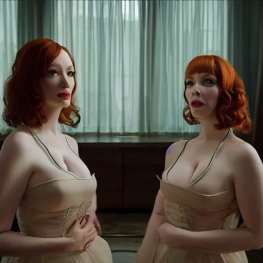 Image similar to a very surprised beautiful Christina Hendricks and her twin sister in the living room, film still from the movie directed by Denis Villeneuve with art direction by Salvador Dalí, wide lens