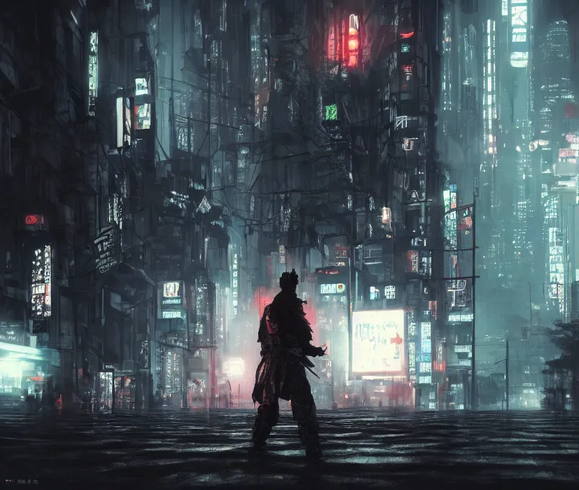 Image similar to 'a samurai in night city cyberpunk thematic , gloomy and foggy atmosphere, octane render, artstation trending, horror scene, highly detailded'