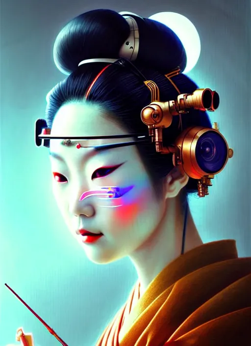 Image similar to beautiful japanese geisha wearing vr eyepiece, robotic, android, cyborg, cyberpunk face, steampunk, fantasy, intricate, elegant, highly detailed, colorful, vivid color, digital painting, cinematic lighting, artstation, concept art, art by artgerm and greg rutkowski and ruan jia,