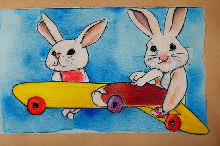 Prompt: a child's watercolor pencil painting of bunny playing skateboard.