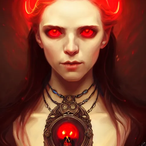 Prompt: Portrait of a young female necromancer with glowing red eyes wearing a necklace with bird skulls, epic dark fantasy, medium shot, intricate, elegant, highly detailed, digital painting, artstation, concept art, smooth, sharp focus, illustration, art by artgerm and greg rutkowski and alphonse mucha