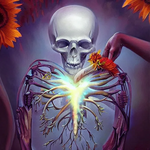Image similar to a beautiful painting by Grzegorz greg rutkowski and Anato Finnstark of an anatomically correct heart bursting out of an anatomically correct skeletal rib-cage and exploding into rainbows and sunflowers, trending on artstation hq