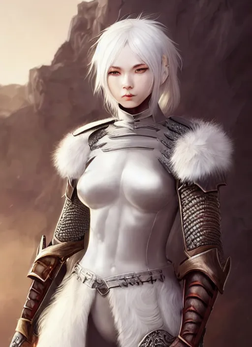 Image similar to warrior, fur leather armor!!! beautiful and elegant white hair female!! gorgeous ayes!! character concept art, sharp focus, octane render! unreal engine 5! highly rendered!! trending on artstation!! detailed linework!! illustration by artgerm, wlop, and chie yoshii