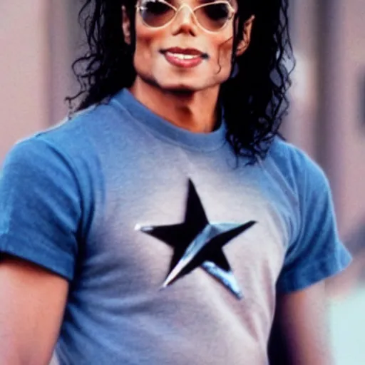 Prompt: A film still of Michael Jackson wearing a shirt with a star symbol on it realistic,detailed