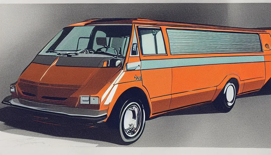 Prompt: 1975 concept drawing my Syd Mead of a passenger van, full color catalog print