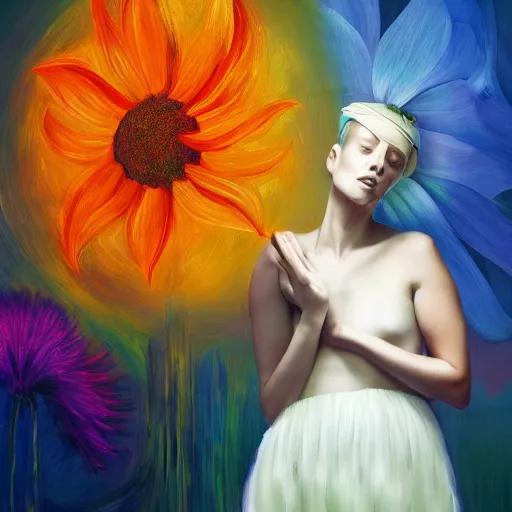 Image similar to huge flower as head, woman standing in a luxury apartment, surreal photography, dramatic light, impressionist painting, digital painting, artstation, georgia o'keeffe