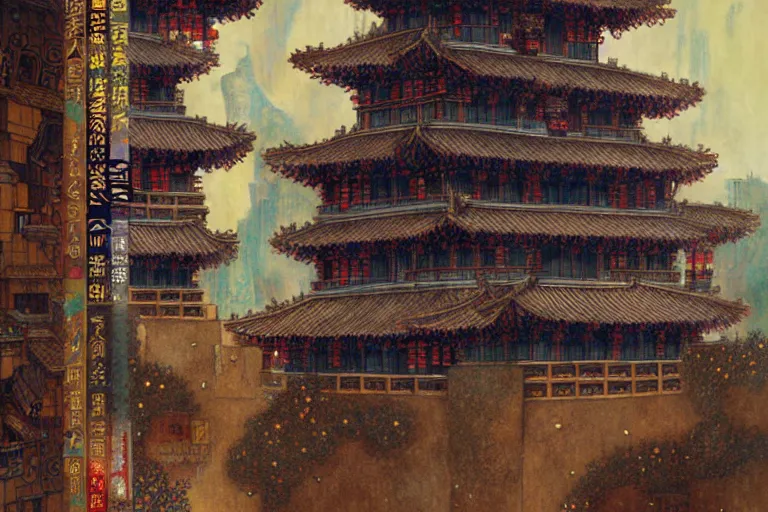 Image similar to cyberpunk chinese ancient castle, fantasy, painting by Gustav Klimt, greg rutkowski and alphonse mucha