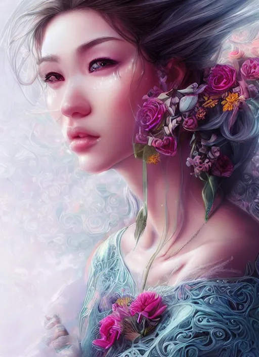 Image similar to beautiful, young woman, extremely detailed gorgeous face, looks realistic, hyper-detailed portrait, sad eyes tears, vaporwave aesthetic, synthwave, magical, fantasy, flowers, artist Artgerm i and WLOP