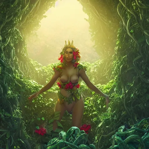 Prompt: a giant woman made of vines and leaves and a crown made of flowers towering over a tropical island, Dramatic Lighting, Trending on Artstation HQ, 4K, UHD.