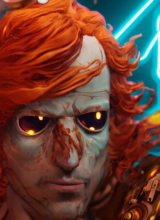 Image similar to glowwave portrait of curly orange hair man from borderlands 3, au naturel, hyper detailed, digital art, trending in artstation, cinematic lighting, studio quality, smooth render, unreal engine 5 rendered, octane rendered, art style by klimt and nixeu and ian sprigger and wlop and krenz cushart.