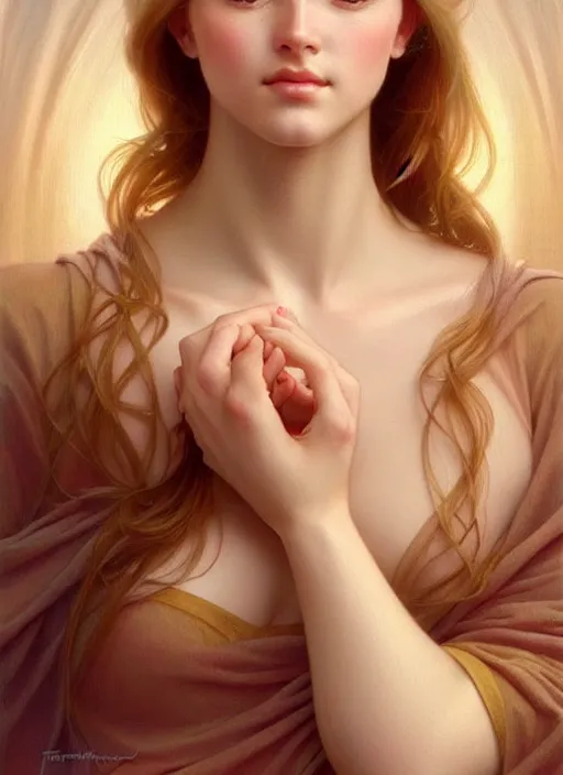 Image similar to face of feminine perfection!! portrait of young wife blessed by god with ever - increasing physical mental perfection, blonde, symmetrical! intricate, sensual features, highly detailed, biblical!! holy perfection!! digital painting, artstation, concept art, smooth, sharp focus, illustration, art by artgerm and greg rutkowski and alphonse mucha