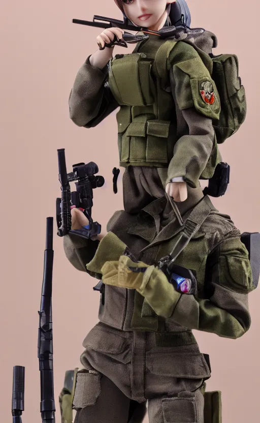 Image similar to toy photo, grabbing a rifle, school uniform, portrait of the action figure of a girl, anime character anatomy, figma by good smile company, collection product, dirt and smoke background, flight squadron insignia, realistic military gear, 70mm lens, round elements, photo taken by professional photographer, trending on instagram, symbology, 4k resolution, low saturation, realistic military carrier