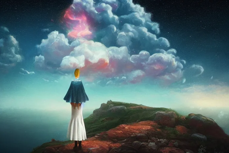 Image similar to giant white daisy flower over head, girl standing on rocky cliff, surreal photography, super nova, milky way, dramatic light, impressionist painting, colorful clouds, digital painting, artstation, simon stalenhag