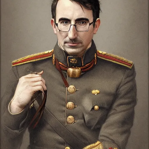 Image similar to portrait of stoic looking john oliver, military uniform, fantasy, intricate, elegant, highly detailed, centered, dark, smokey, charcoal painting, digital painting, artstation, concept art, smooth, sharp focus, illustration, art by artgerm and greg rutkowski and alphonse mucha