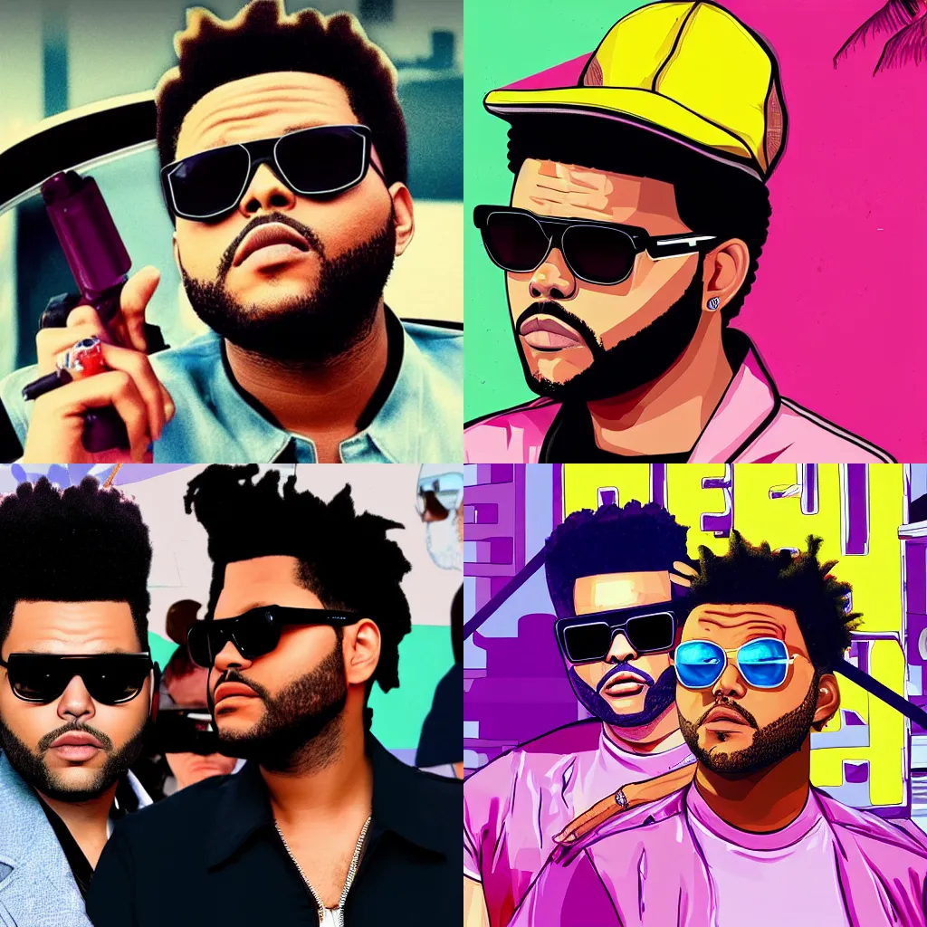 Prompt: the weeknd wearing sunglasses in the style of GTA vice city cover art