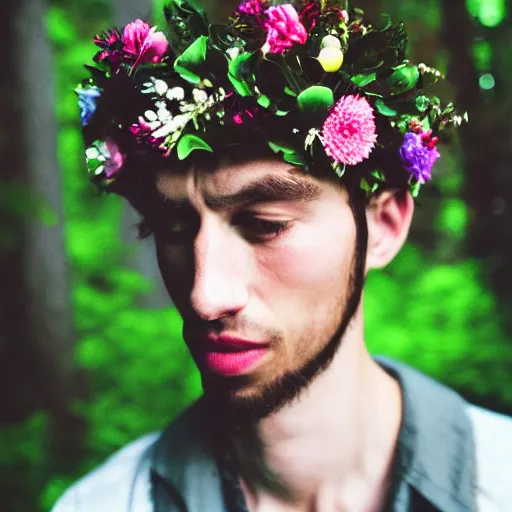 Prompt: close up kodak portra 4 0 0 photograph of a skinny guy standing in a dark forest, flower crown, flower covering mouth, moody lighting, telephoto, 9 0 s vibe, blurry background, vaporwave colors, faded!,