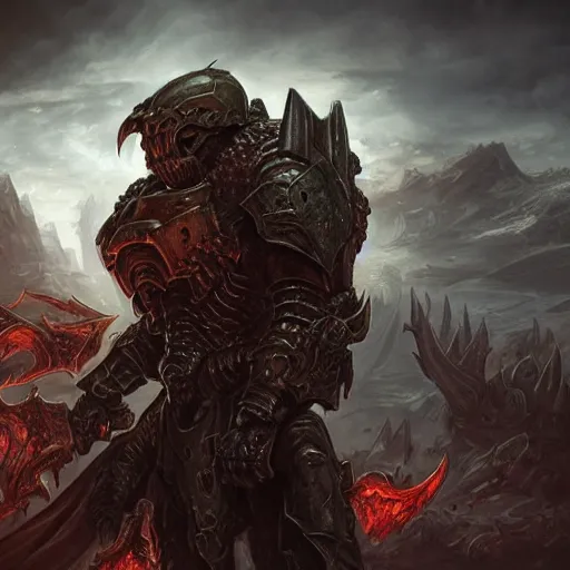 Image similar to fantasy art of doom slayer, intricate, smooth detailed, marine armor, cgsociety, doom hell theme