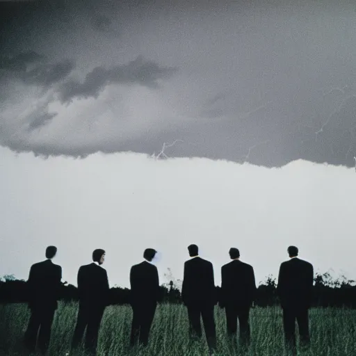 Prompt: 8 mm film, blurry, grainy, liminal, unsettling, group of tall men in suits in a field at night, thunderstorm, dark