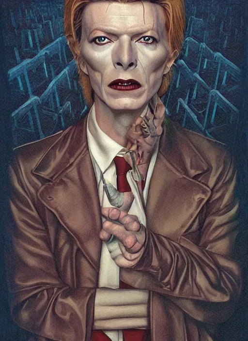 Image similar to twin peaks poster art, portrait of david bowie lost in the maze, other dimension, this is his fate for the next two years, by michael whelan, rossetti bouguereau, artgerm, retro, nostalgic, old fashioned